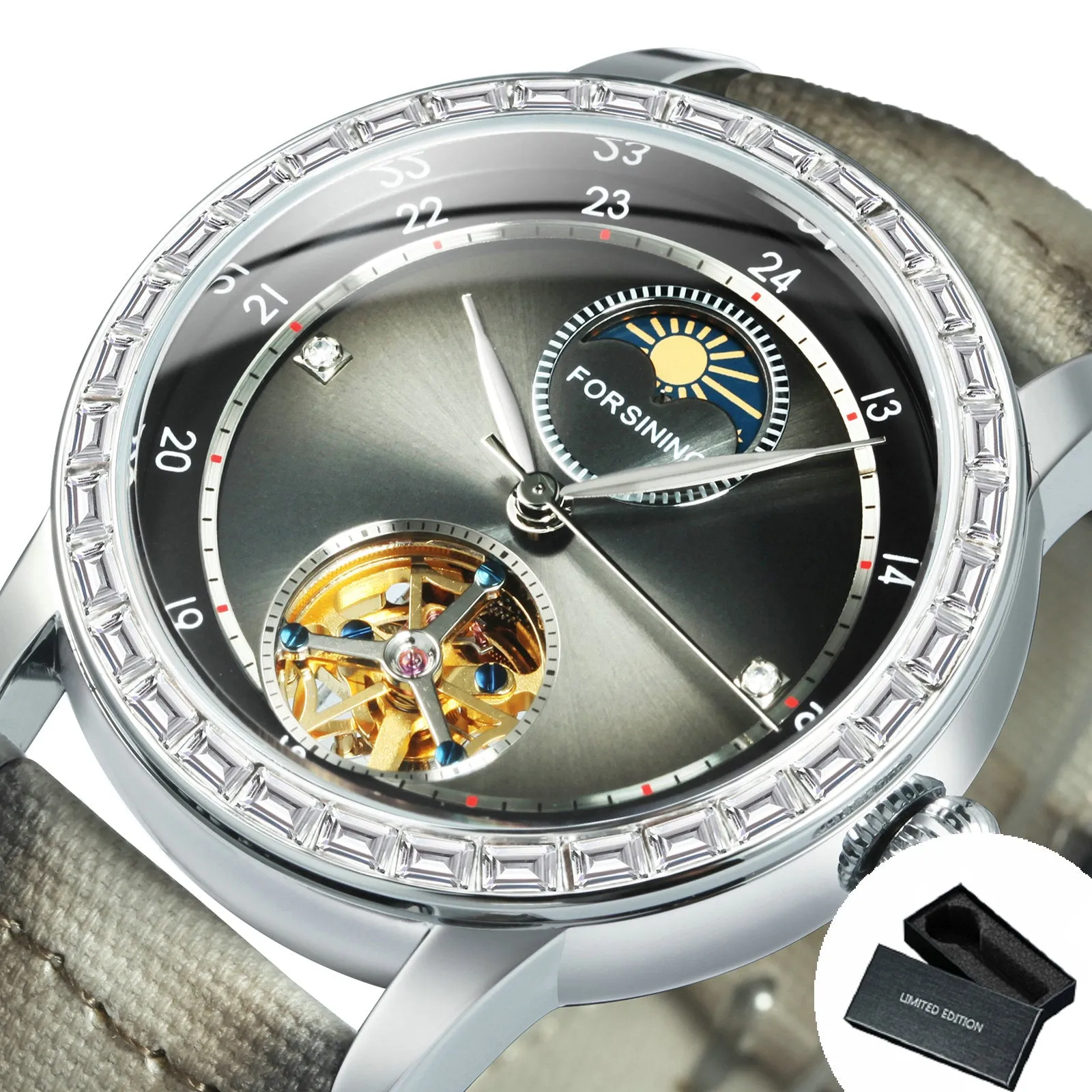Forsining Luxury Tourbillon Moon Phase Skeleton Automatic Mechanical Mens Watches TM 412