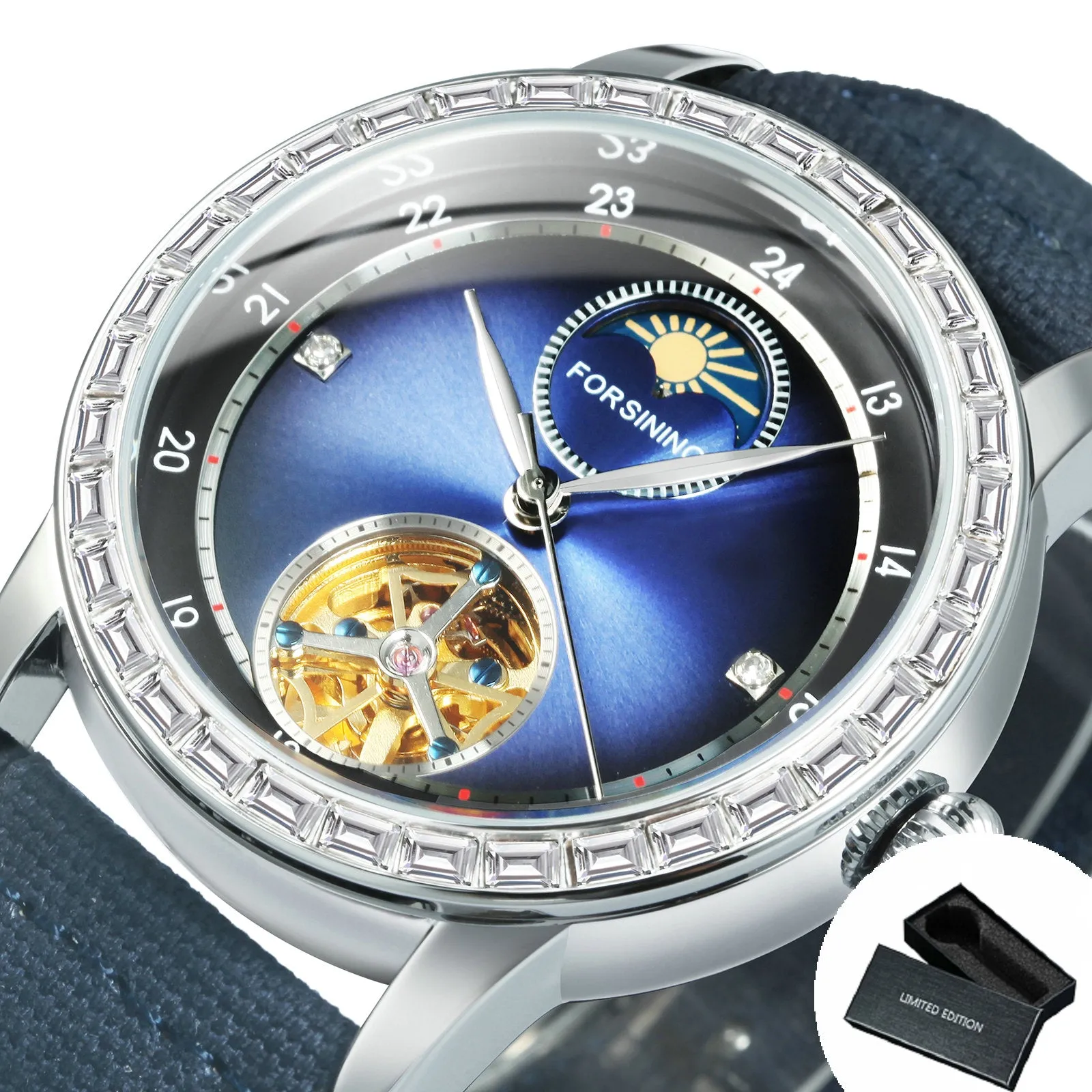 Forsining Luxury Tourbillon Moon Phase Skeleton Automatic Mechanical Mens Watches TM 412