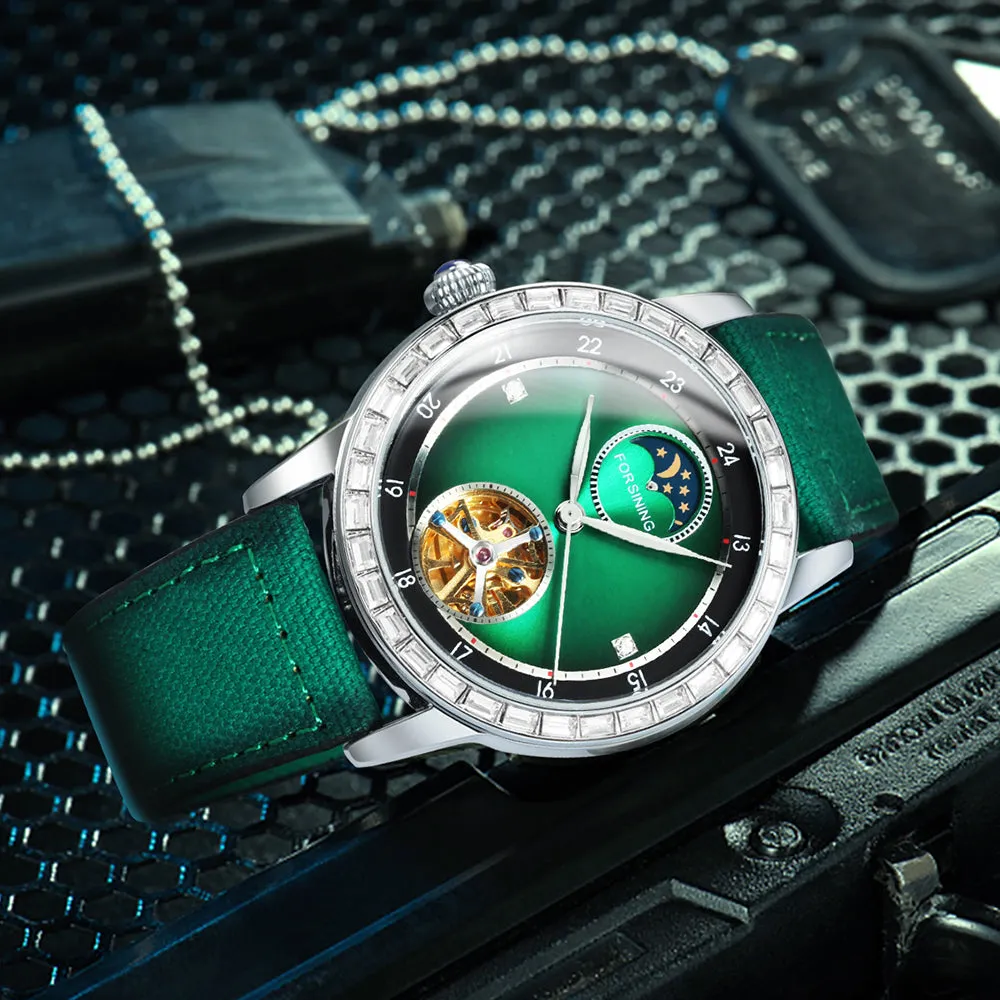 Forsining Luxury Tourbillon Moon Phase Skeleton Automatic Mechanical Mens Watches TM 412