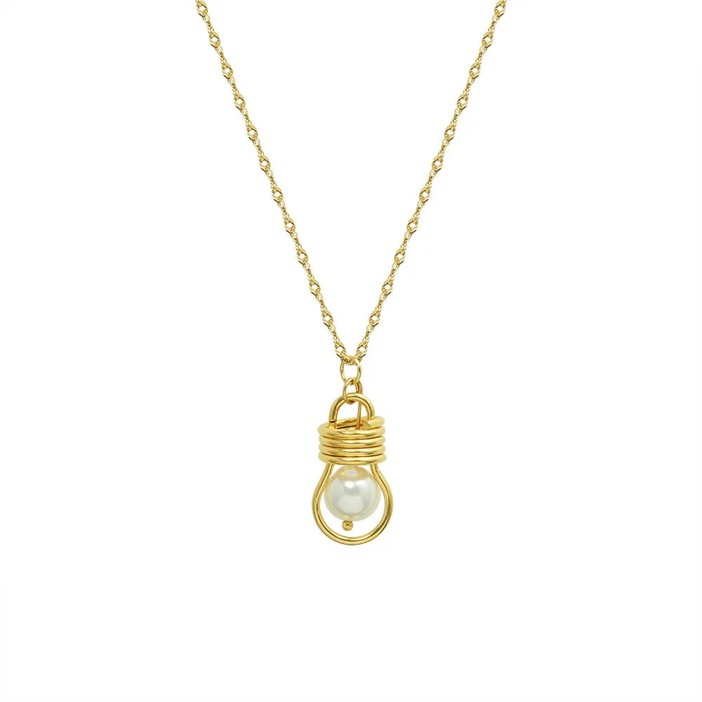 French Instagram Style Light Bulb Pendant Necklace with Collarbone Chain and Imitation Pearl Detail