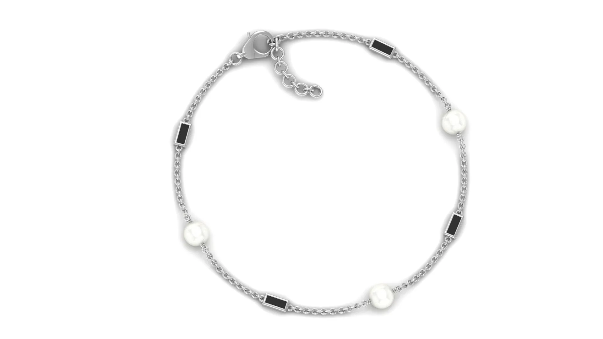 Freshwater Pearl Station Chain Bracelet with Black Enamel