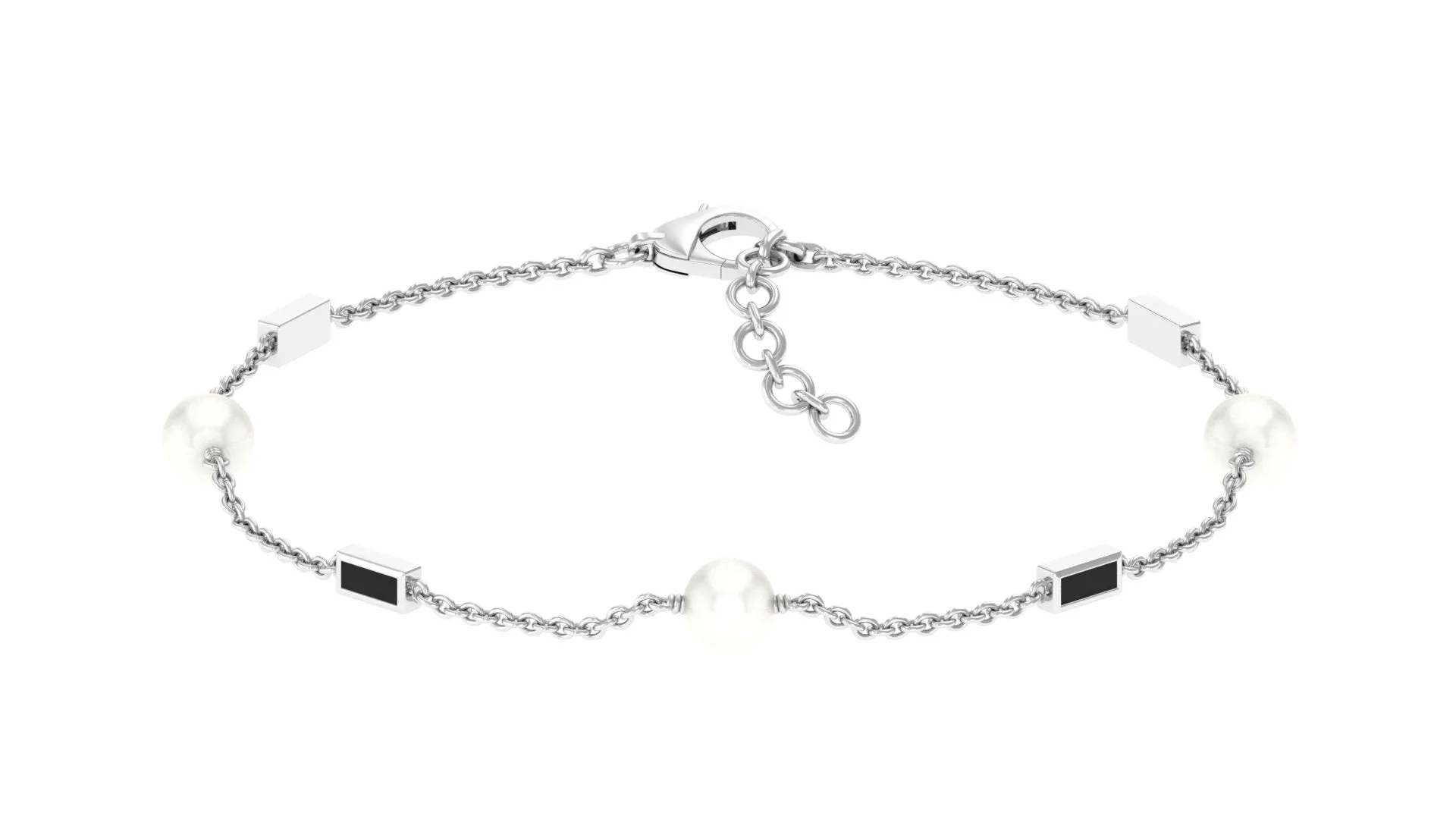 Freshwater Pearl Station Chain Bracelet with Black Enamel