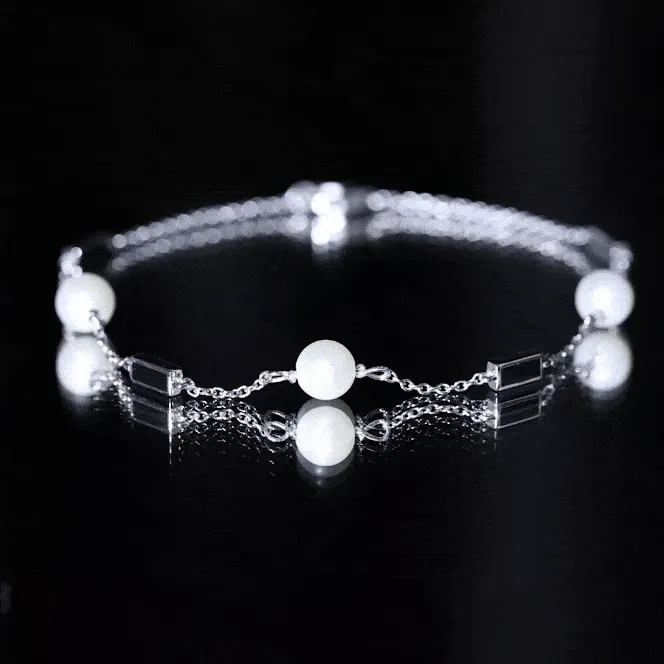 Freshwater Pearl Station Chain Bracelet with Black Enamel