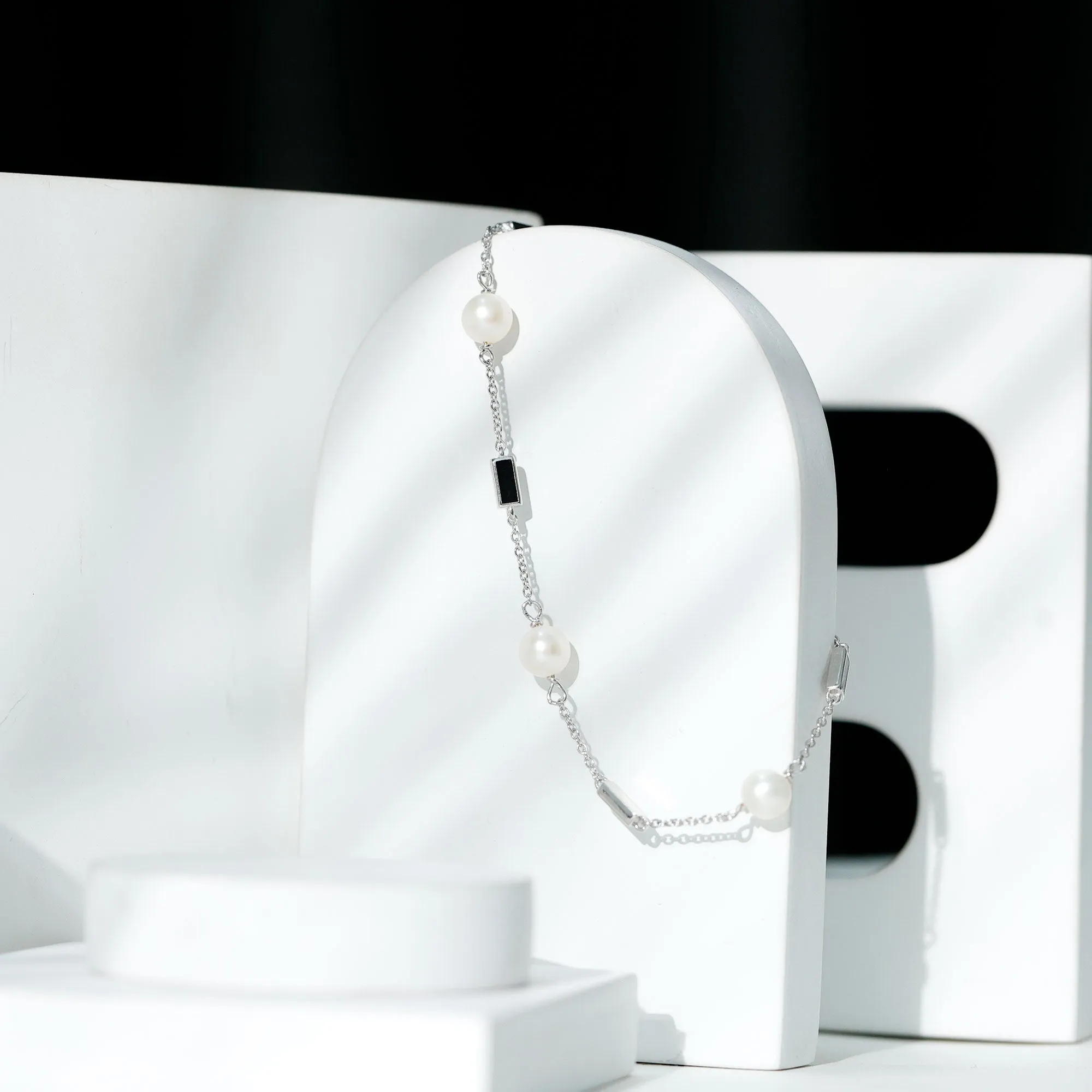 Freshwater Pearl Station Chain Bracelet with Black Enamel