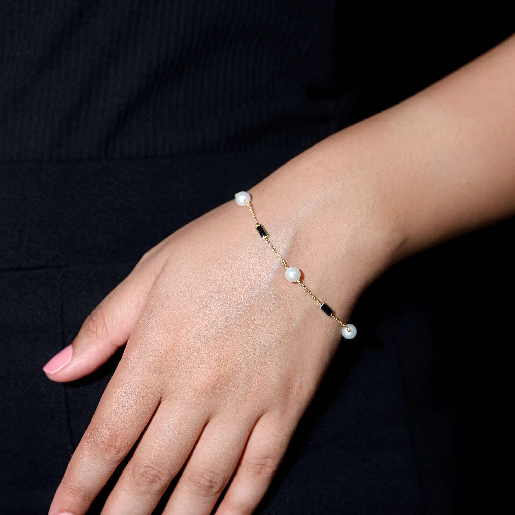 Freshwater Pearl Station Chain Bracelet with Black Enamel
