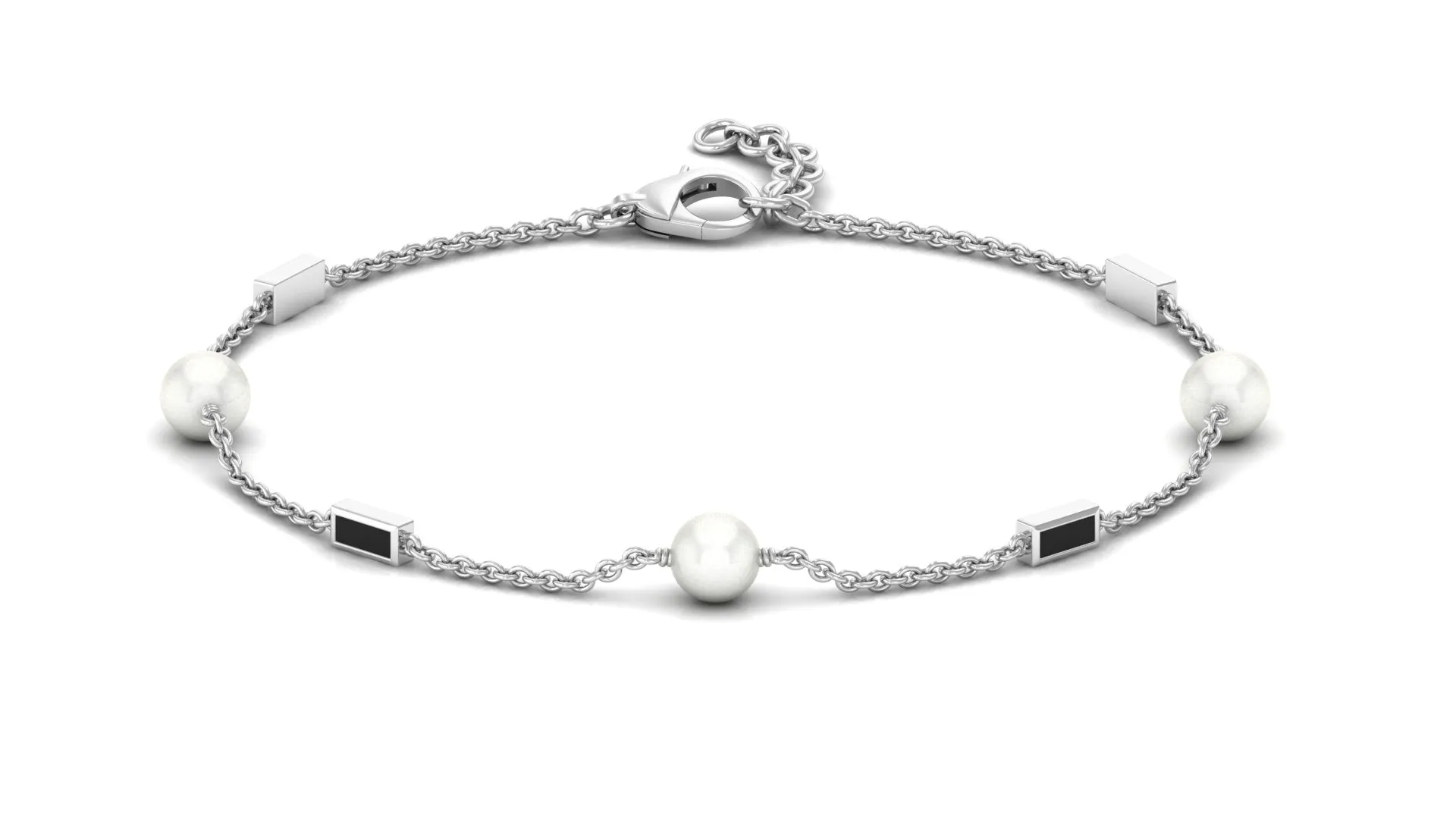 Freshwater Pearl Station Chain Bracelet with Black Enamel