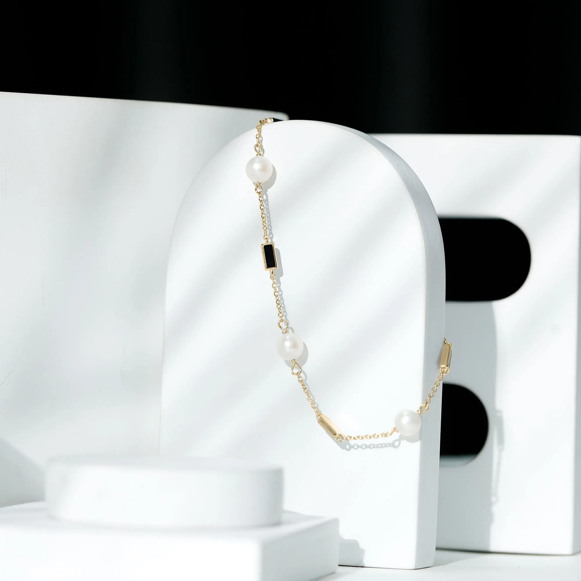 Freshwater Pearl Station Chain Bracelet with Black Enamel