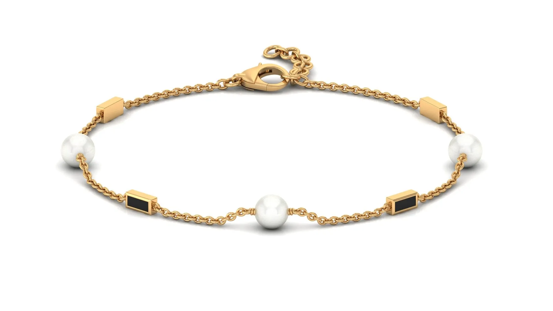 Freshwater Pearl Station Chain Bracelet with Black Enamel