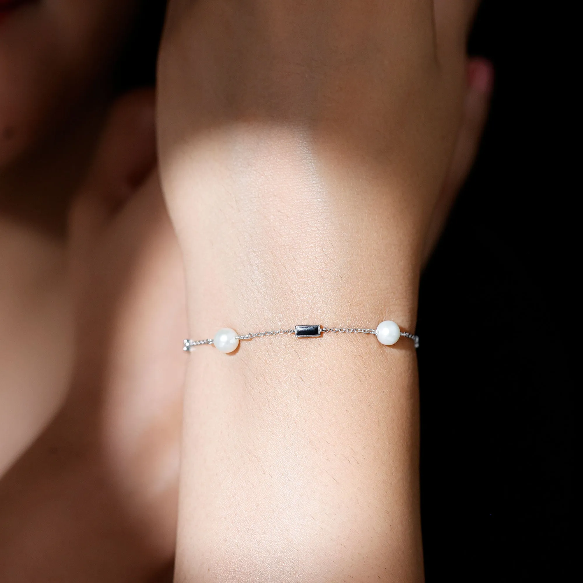 Freshwater Pearl Station Chain Bracelet with Black Enamel