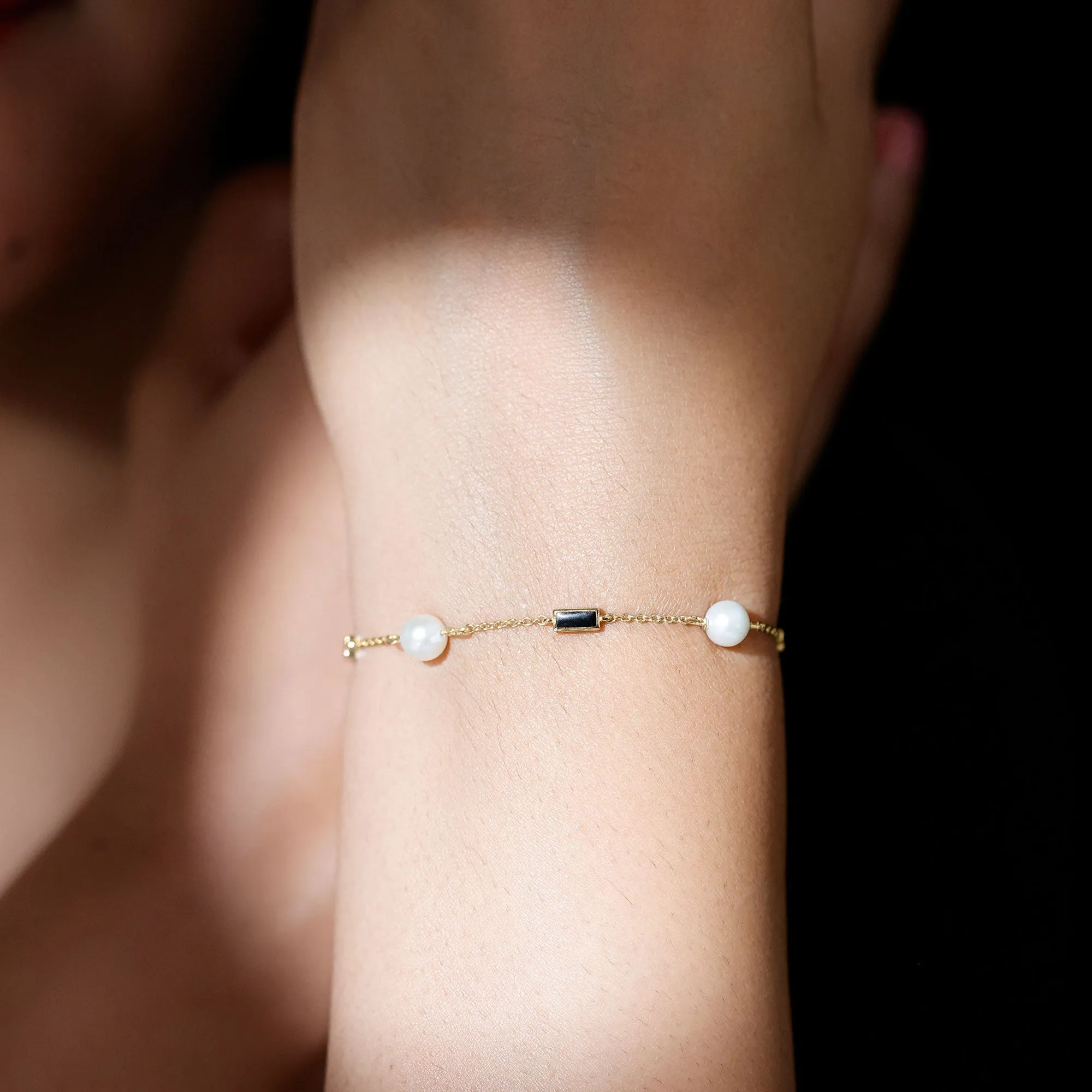 Freshwater Pearl Station Chain Bracelet with Black Enamel