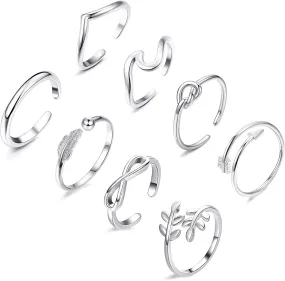 FUNEIA 8PCS Adjustable Rings for Women, Silver Stackable Knuckle Rings for Women, Arrow Knot Wave Open Stacking Dainty Thumb Rings Set