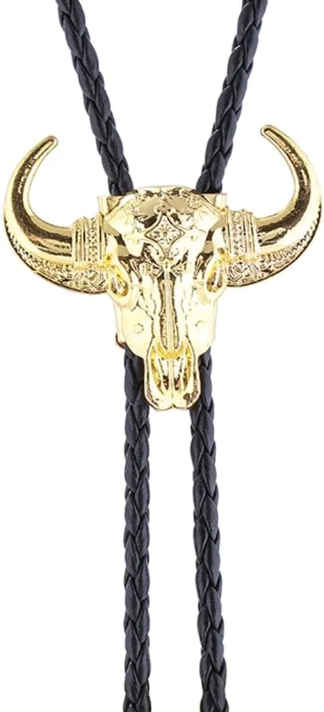 GelConnie Longhorn Bull Bolo Tie for Men Native American Western Cowboy Leather Necktie Bolo Necklace for Women Gold Texas