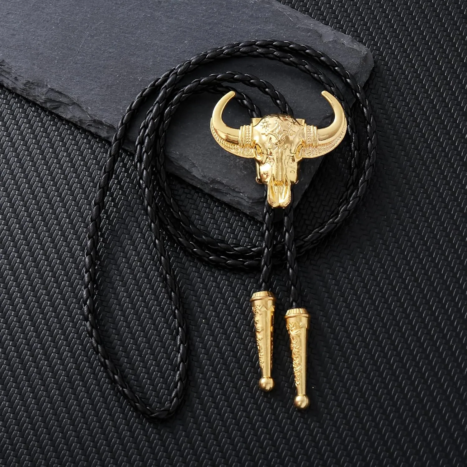 GelConnie Longhorn Bull Bolo Tie for Men Native American Western Cowboy Leather Necktie Bolo Necklace for Women Gold Texas