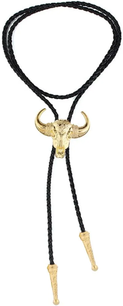 GelConnie Longhorn Bull Bolo Tie for Men Native American Western Cowboy Leather Necktie Bolo Necklace for Women Gold Texas