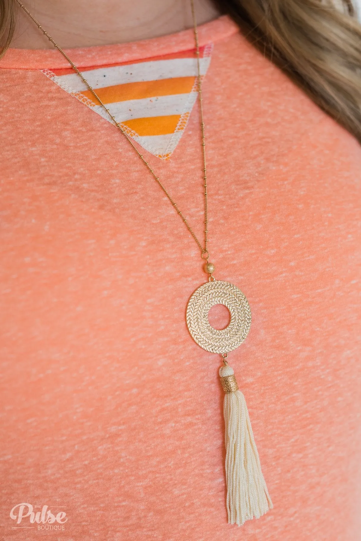 Gold Circle & Tassel Necklace- Ivory