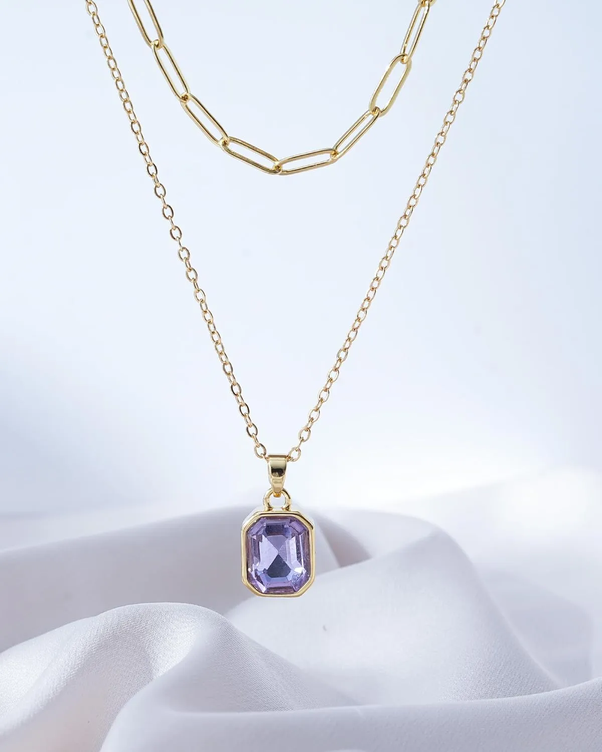 Gold Layered Necklaces for Women, 18k Gold Plated Crystal Necklace Paperclip Choker Emerald Green Jewelry for Women Gifts