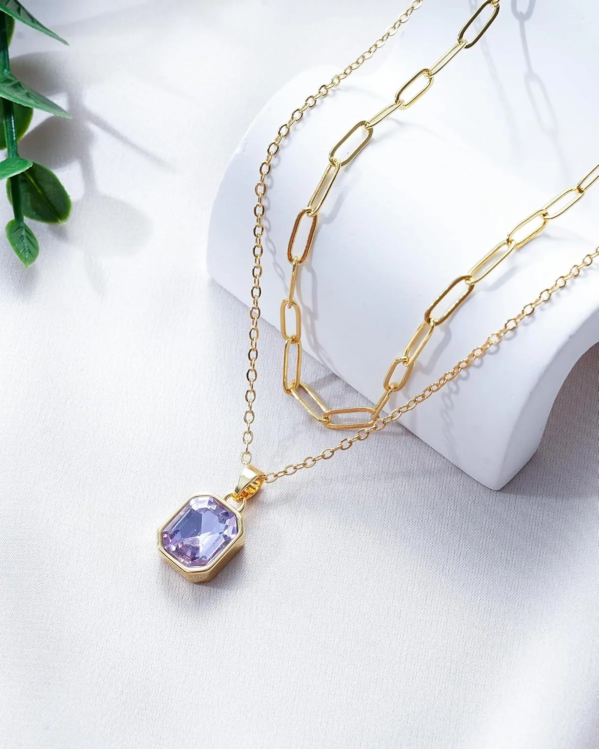 Gold Layered Necklaces for Women, 18k Gold Plated Crystal Necklace Paperclip Choker Emerald Green Jewelry for Women Gifts