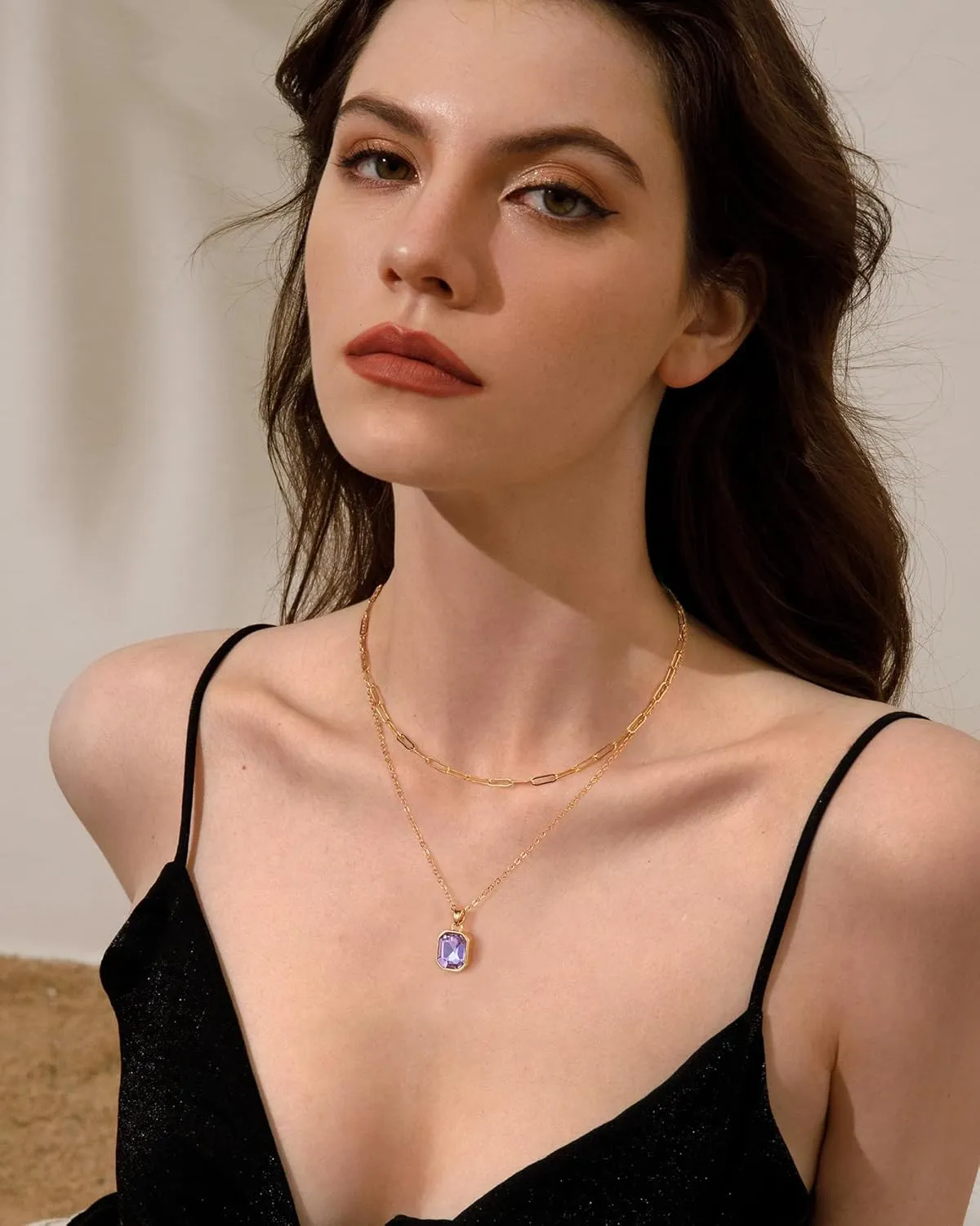 Gold Layered Necklaces for Women, 18k Gold Plated Crystal Necklace Paperclip Choker Emerald Green Jewelry for Women Gifts