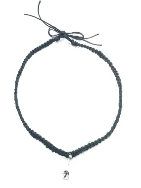 Hemp Necklace Choker with Black Mushroom Glass Pendant Adjustable Tie On String Cord