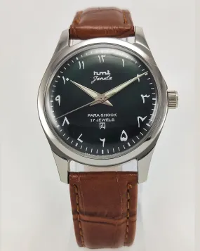 HMT Janata Para Shock 17 Jewels Urdu/Arabic Green Dial Transparent Back Mechanical Hand winding Men's Wrist Watch