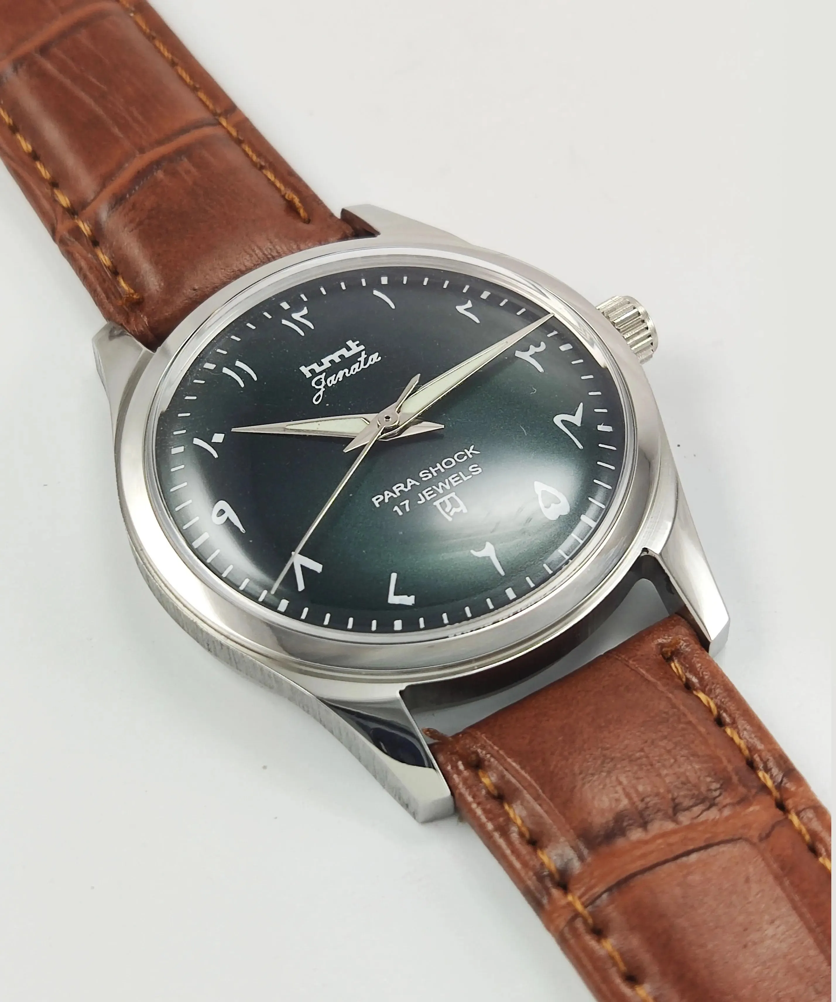 HMT Janata Para Shock 17 Jewels Urdu/Arabic Green Dial Transparent Back Mechanical Hand winding Men's Wrist Watch