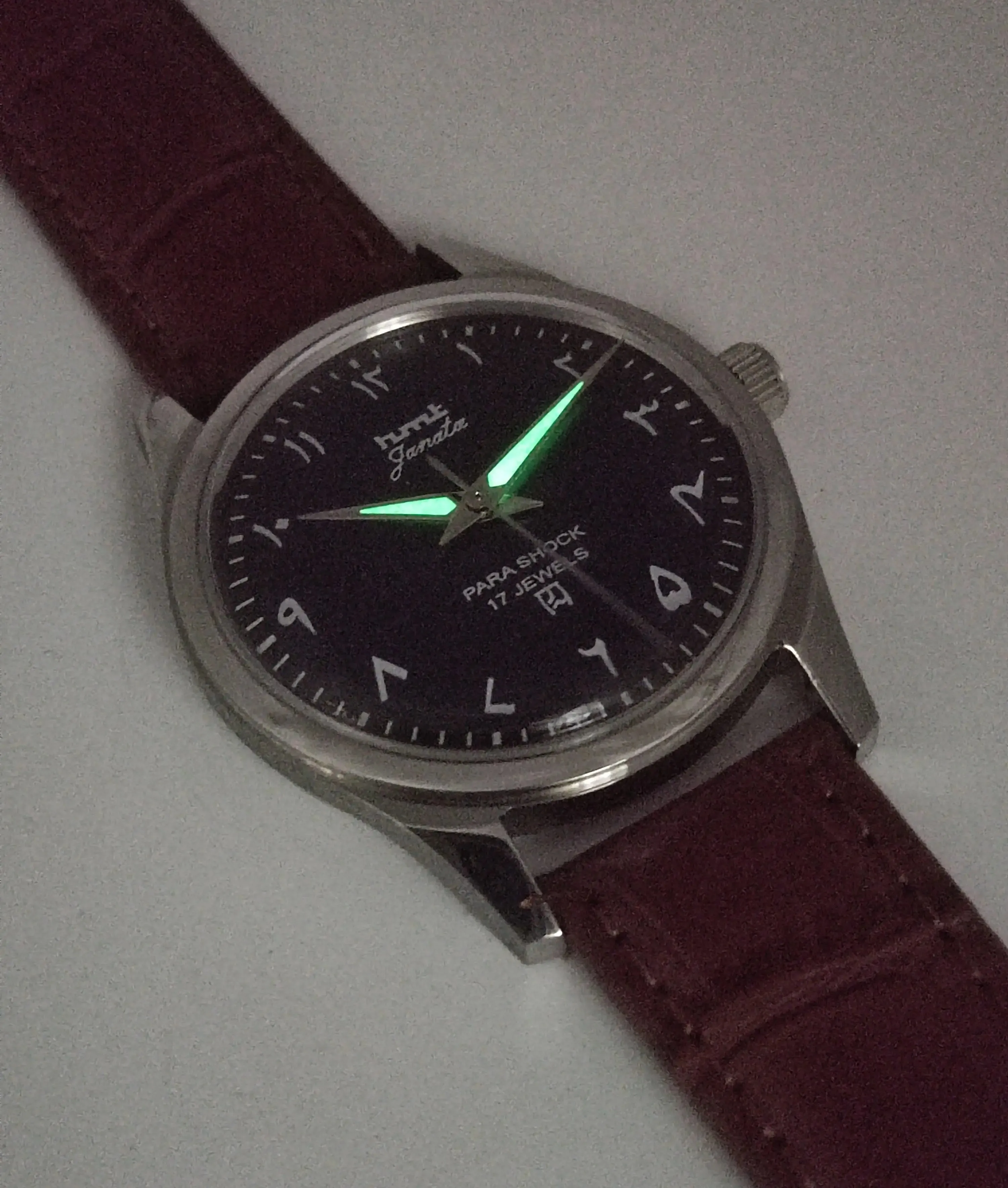 HMT Janata Para Shock 17 Jewels Urdu/Arabic Green Dial Transparent Back Mechanical Hand winding Men's Wrist Watch