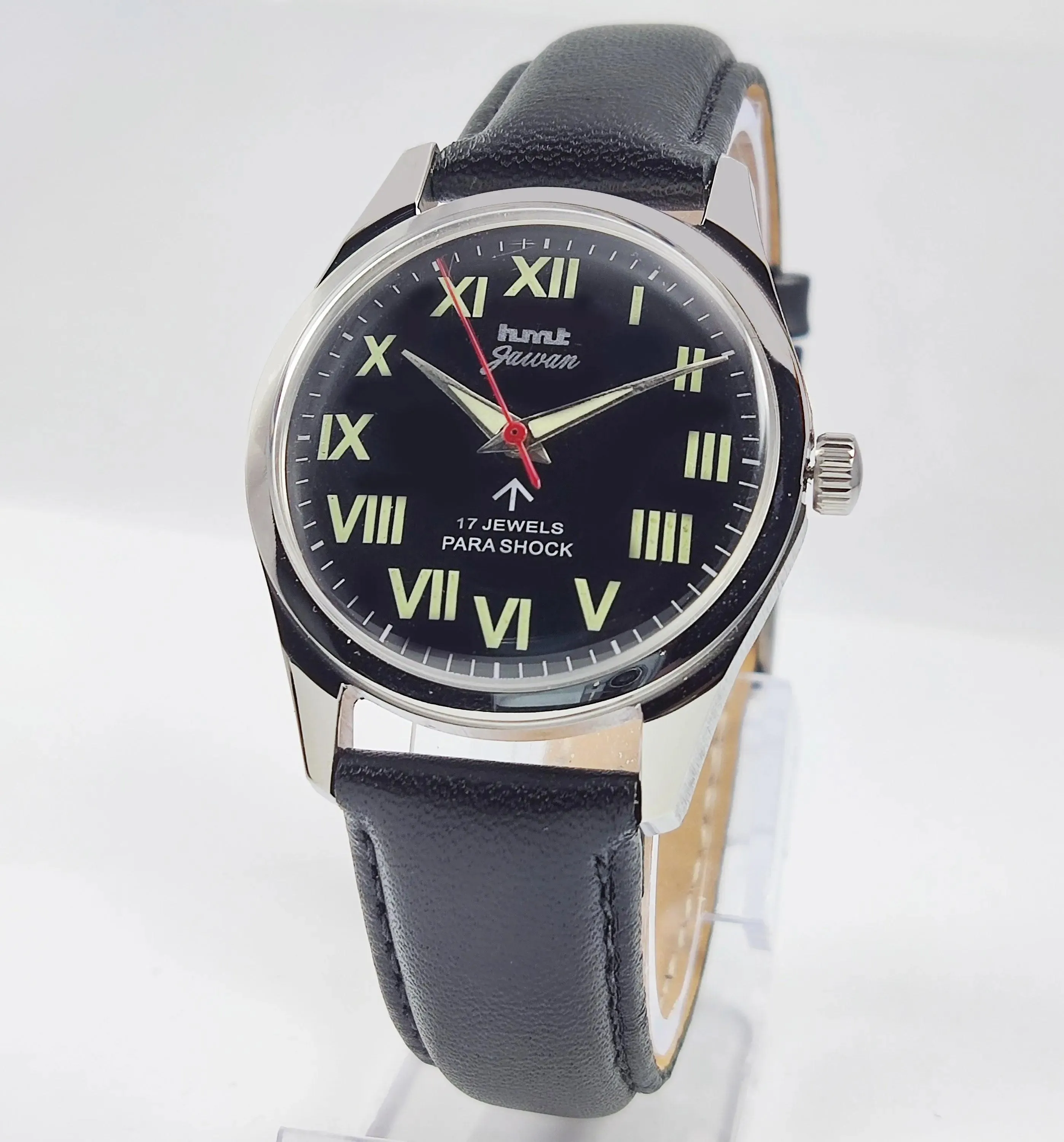 HMT Jawan Para Shock 17 Jewels Black Dial Transparent Back Mechanical Hand winding Men's Wrist Watch