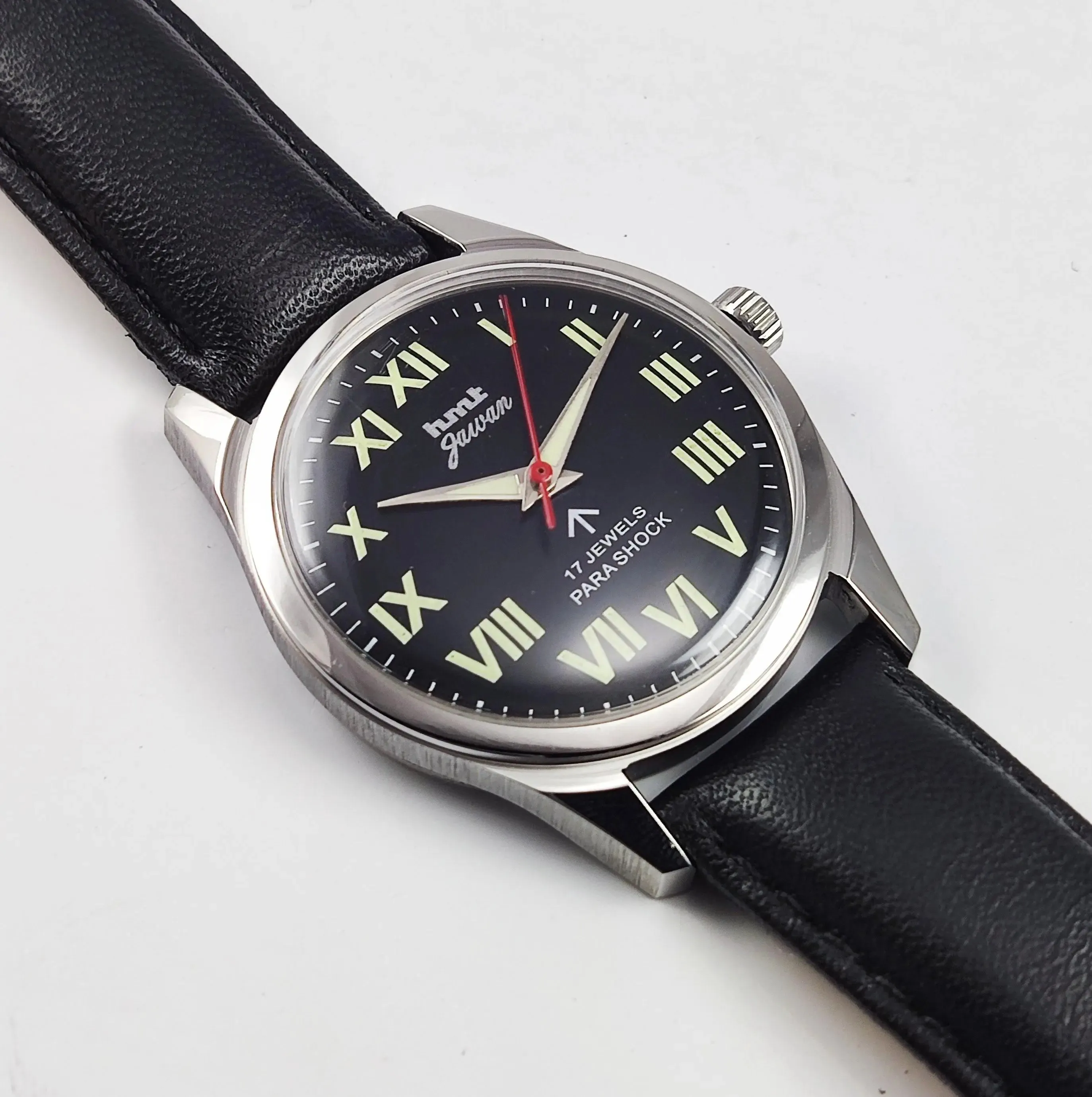 HMT Jawan Para Shock 17 Jewels Black Dial Transparent Back Mechanical Hand winding Men's Wrist Watch