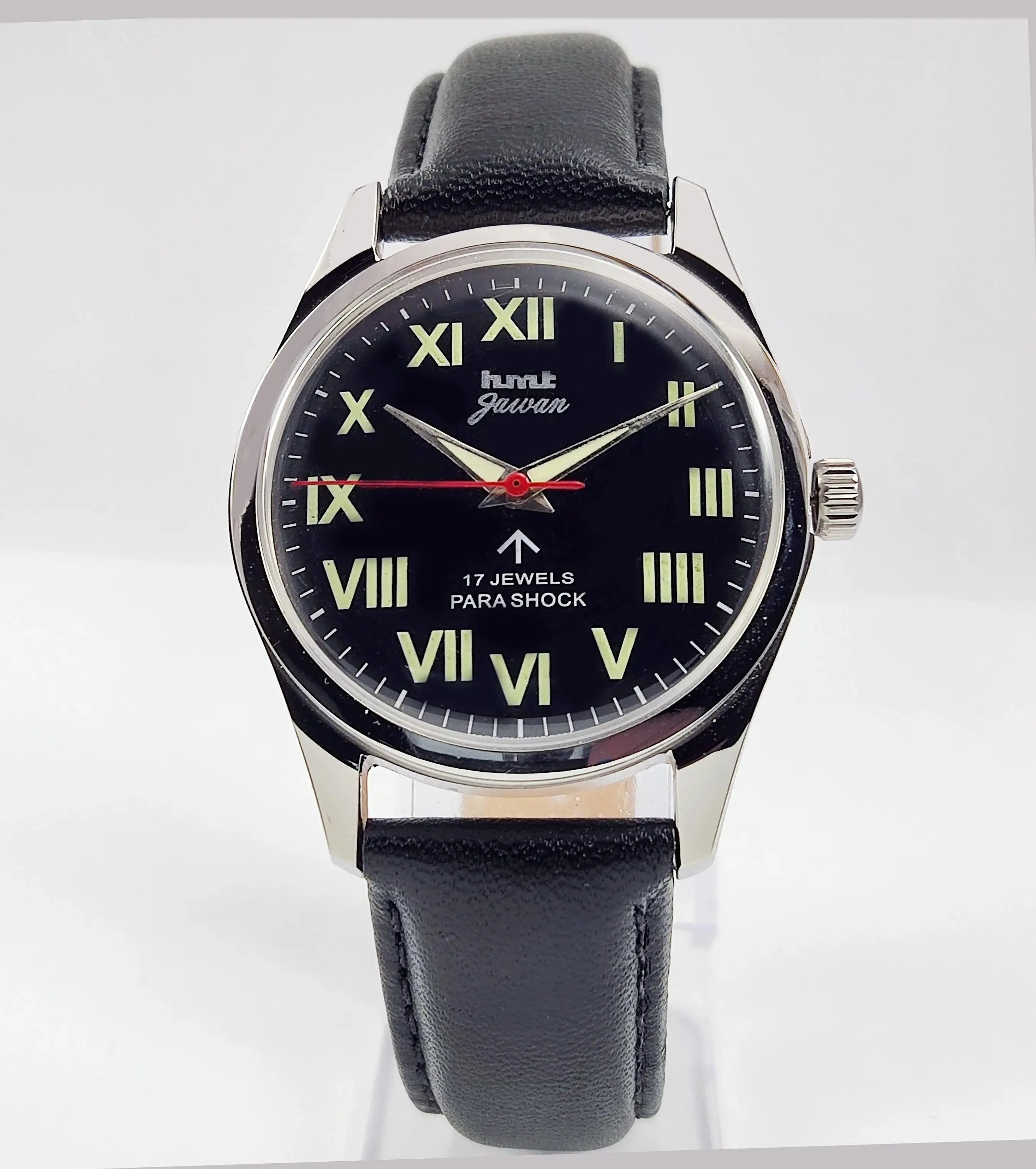 HMT Jawan Para Shock 17 Jewels Black Dial Transparent Back Mechanical Hand winding Men's Wrist Watch