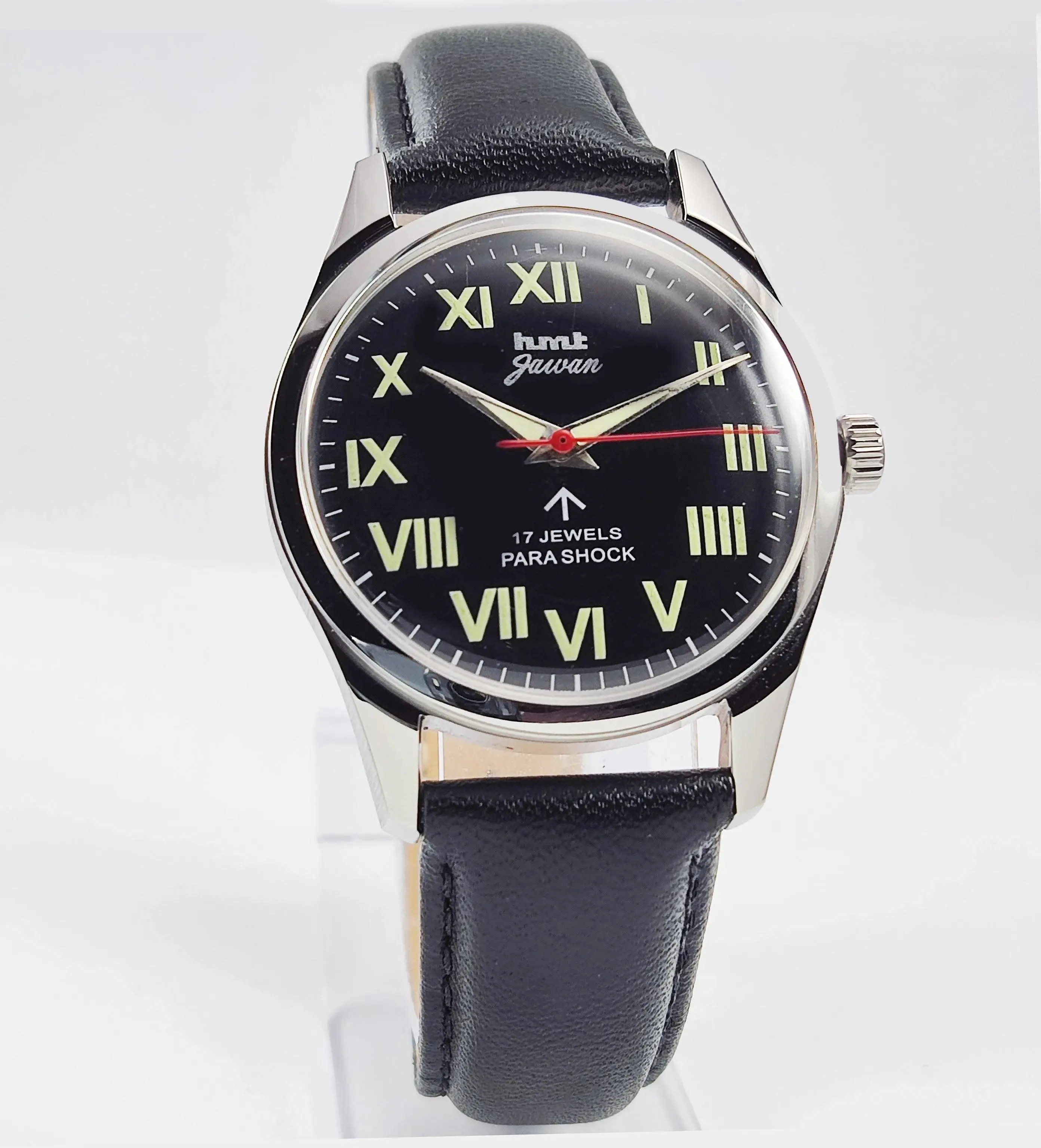 HMT Jawan Para Shock 17 Jewels Black Dial Transparent Back Mechanical Hand winding Men's Wrist Watch