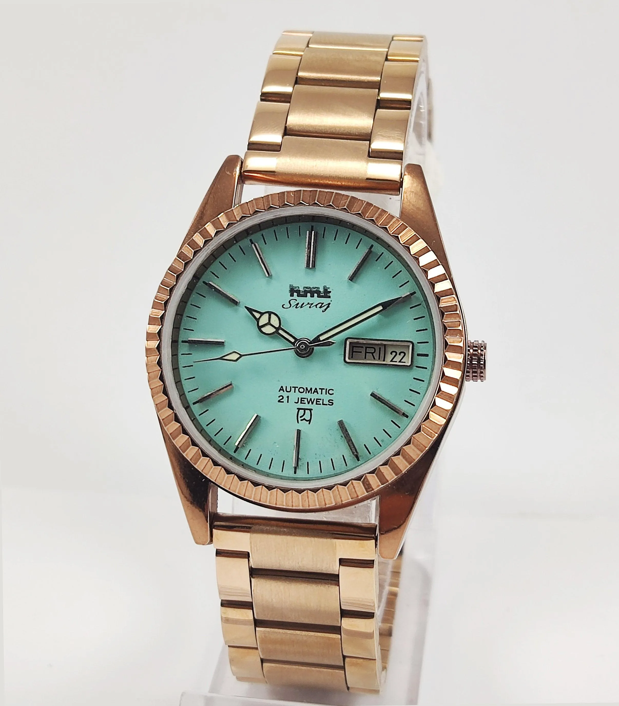 HMT Suraj Para Shock 21 Jewels Pista Green Dial Day Date Function Mechanical Automatic Men's Wrist Watch