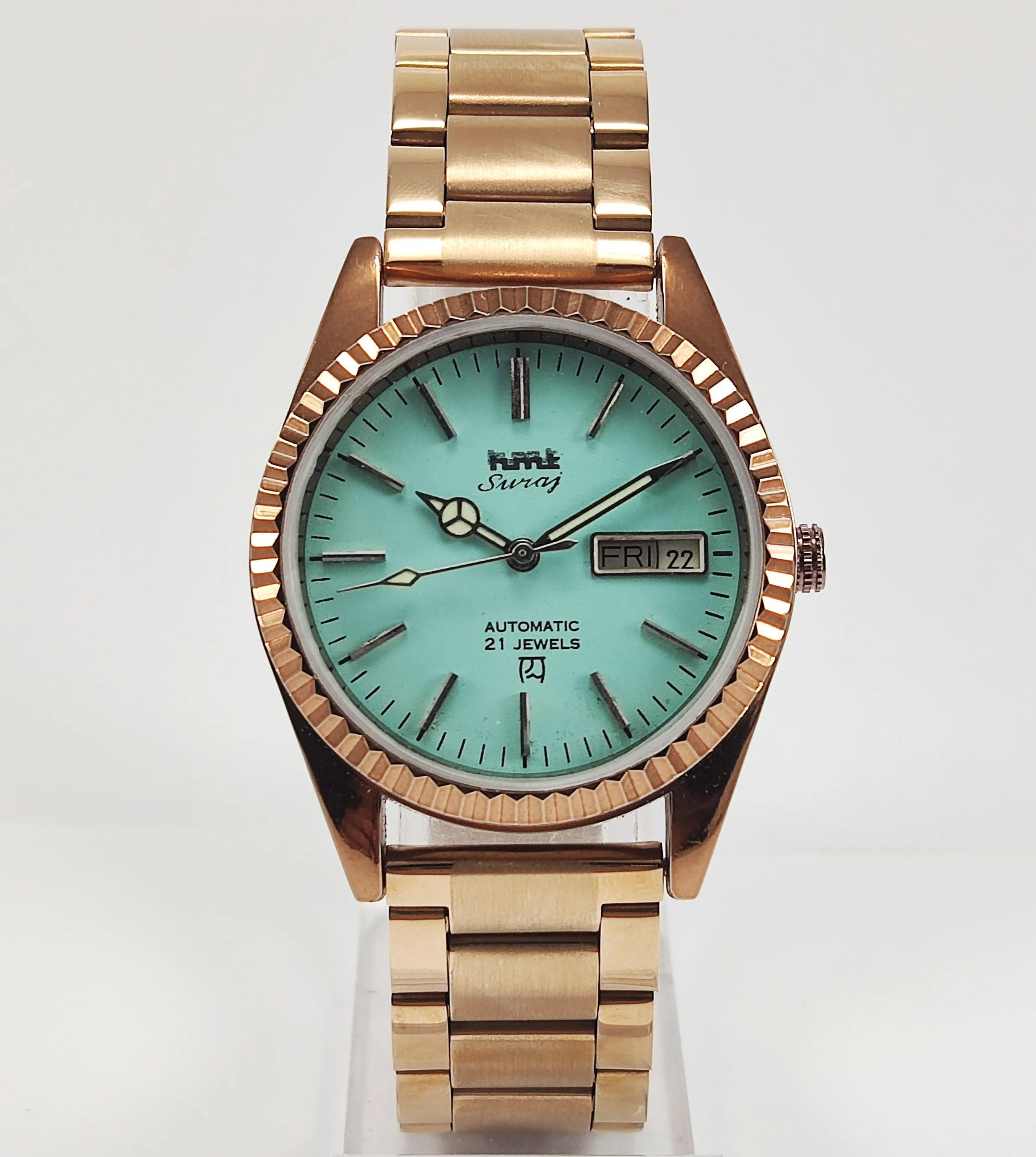 HMT Suraj Para Shock 21 Jewels Pista Green Dial Day Date Function Mechanical Automatic Men's Wrist Watch