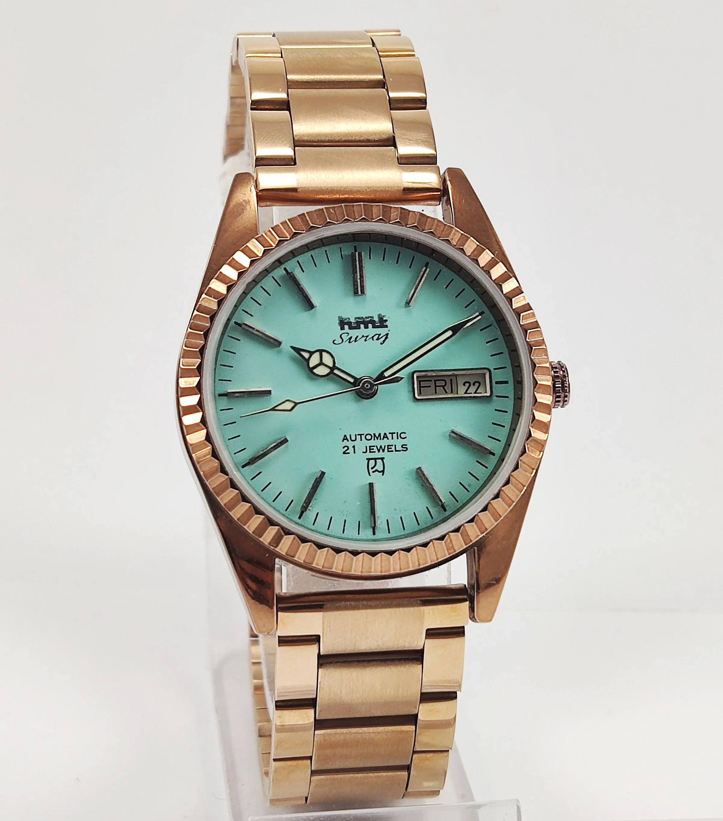HMT Suraj Para Shock 21 Jewels Pista Green Dial Day Date Function Mechanical Automatic Men's Wrist Watch
