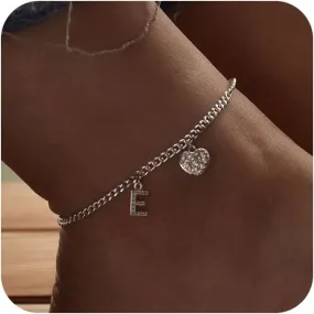 Initial Ankle Bracelets for Women Silver Plated Dainty Cuba Thin Chain Letter Name Anklets Cubic Zirconia Heart Anklets Bracelets Waterproof Minimalist Simple Anklets Fashion Summer Jewelry Anklet For Women