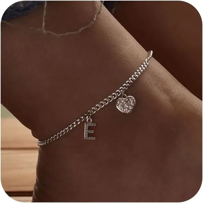 Initial Ankle Bracelets for Women Silver Plated Dainty Cuba Thin Chain Letter Name Anklets Cubic Zirconia Heart Anklets Bracelets Waterproof Minimalist Simple Anklets Fashion Summer Jewelry Anklet For Women