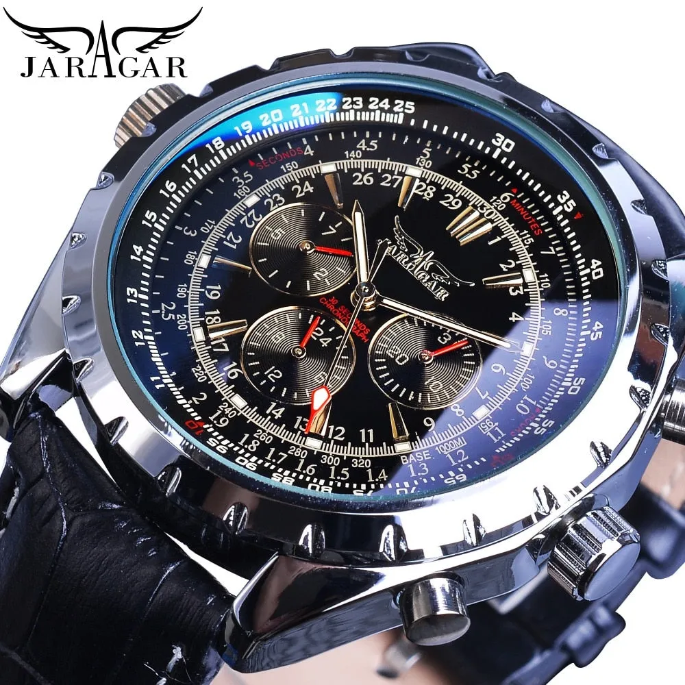 Jaragar Automatic Mechanical Calendar Sport Watches Pilot Design Men’s Wrist Watch Leather Band