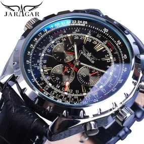 Jaragar Automatic Mechanical Calendar Sport Watches Pilot Design Men’s Wrist Watch Leather Band