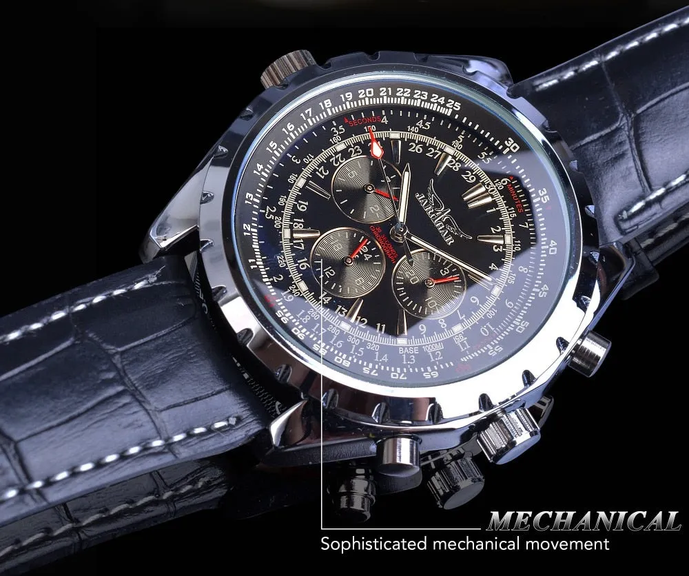 Jaragar Automatic Mechanical Calendar Sport Watches Pilot Design Men’s Wrist Watch Leather Band