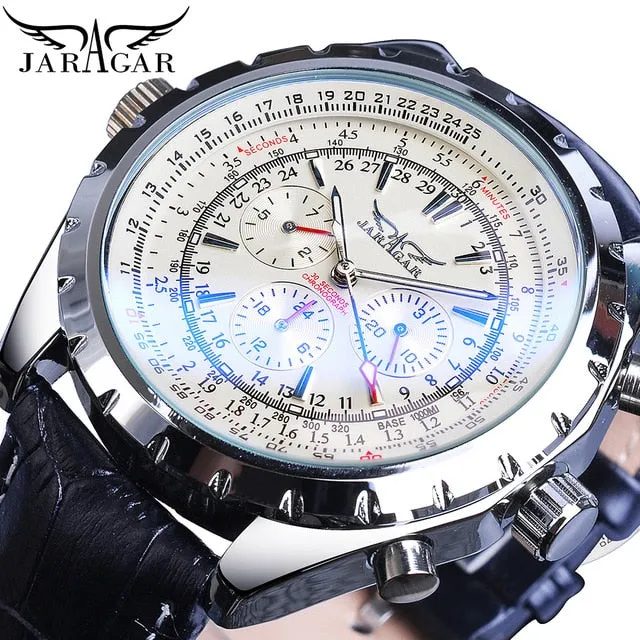 Jaragar Automatic Mechanical Calendar Sport Watches Pilot Design Men’s Wrist Watch Leather Band