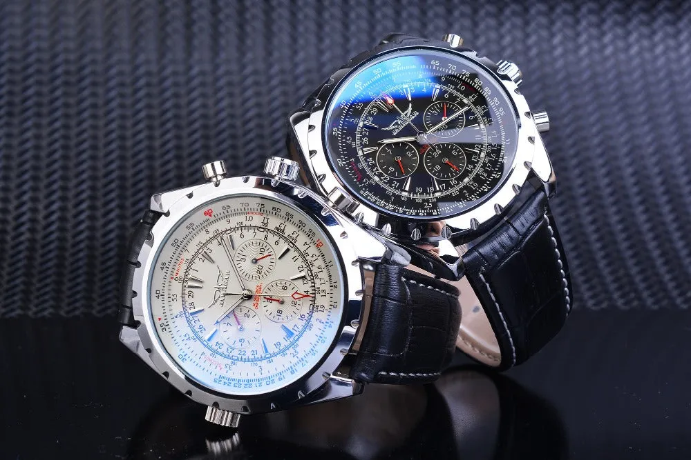 Jaragar Automatic Mechanical Calendar Sport Watches Pilot Design Men’s Wrist Watch Leather Band