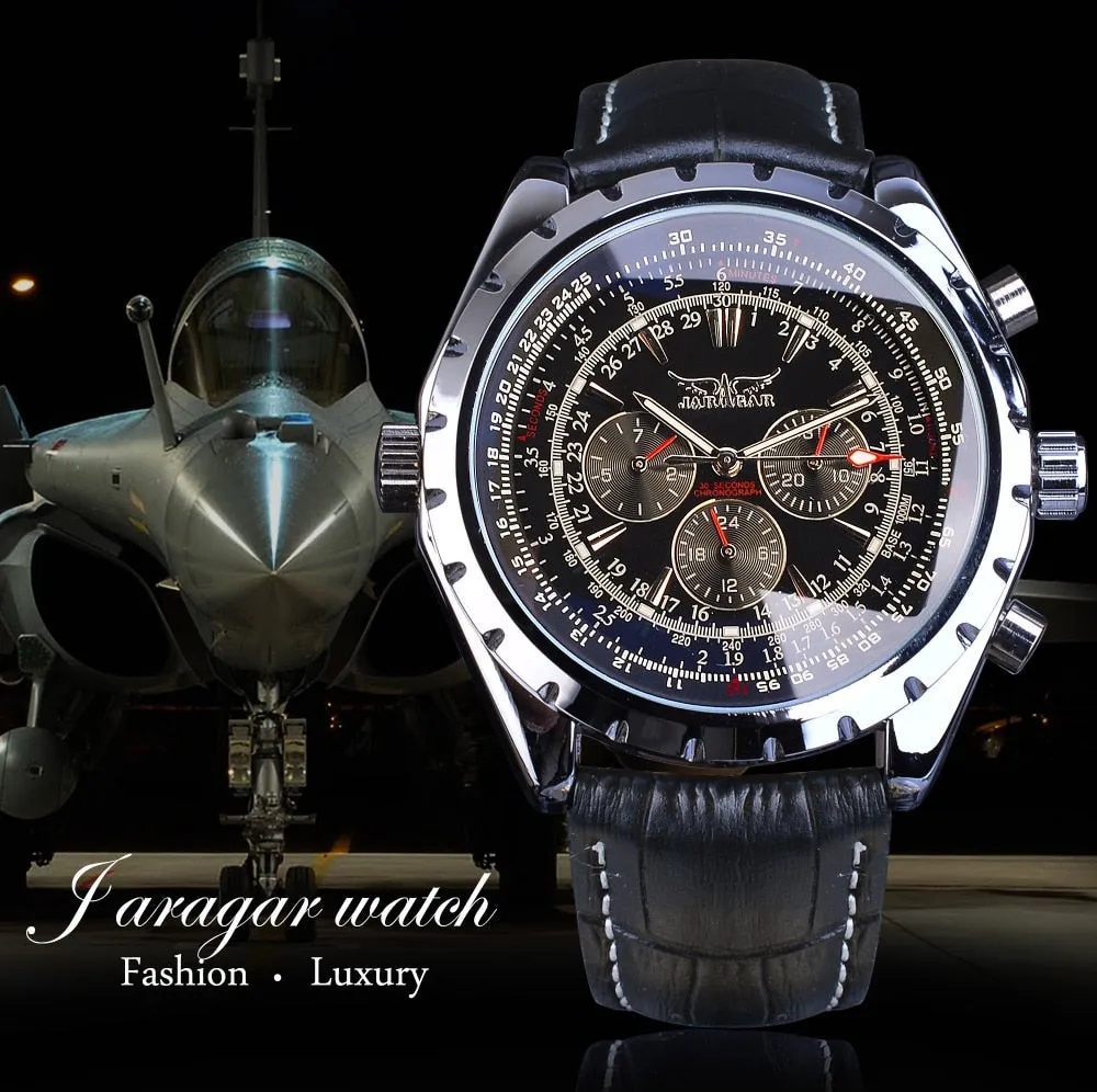 Jaragar Automatic Mechanical Calendar Sport Watches Pilot Design Men’s Wrist Watch Leather Band