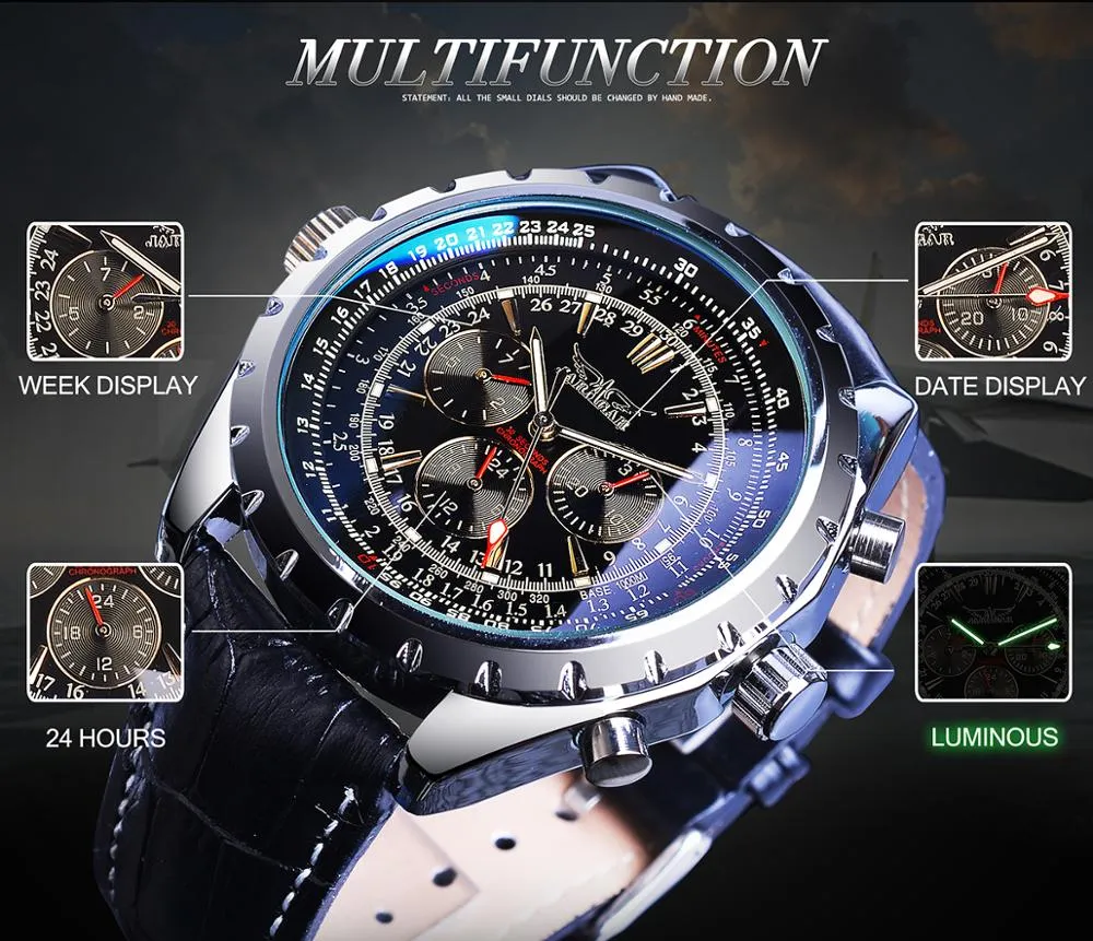 Jaragar Automatic Mechanical Calendar Sport Watches Pilot Design Men’s Wrist Watch Leather Band