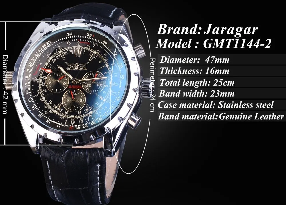 Jaragar Automatic Mechanical Calendar Sport Watches Pilot Design Men’s Wrist Watch Leather Band