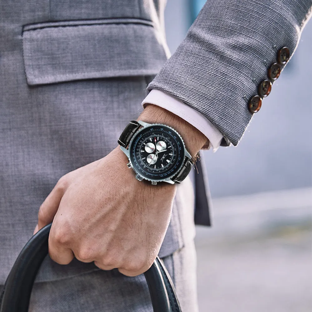 JARAGAR Pilot Automatic Mechanical Watch for Men Luminous Hands Leather Belt A034 Multifunction Sports Watches