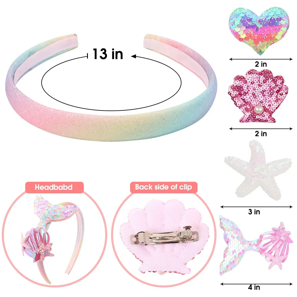 JIAHANG Baby Girl Interchangeable Headbands and Clips Set, Sequin Mermaid Shell Starfish Headband, Charm Glittering Hair Accessories for Toddlers School Girls (sequin)