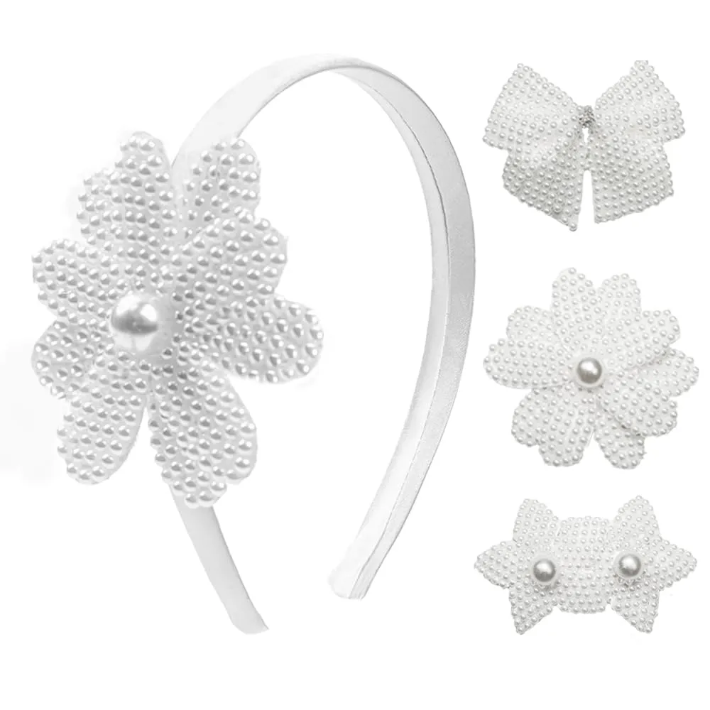 JIAHANG Baby Girl Interchangeable Pearl Headband and Clips 4PCS Set, DIY Charm Hair Bands, for Toddlers School Girls(pearl series)