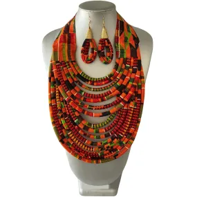 Kente Print Fabric Multi Layer Strand Necklace -- 1A