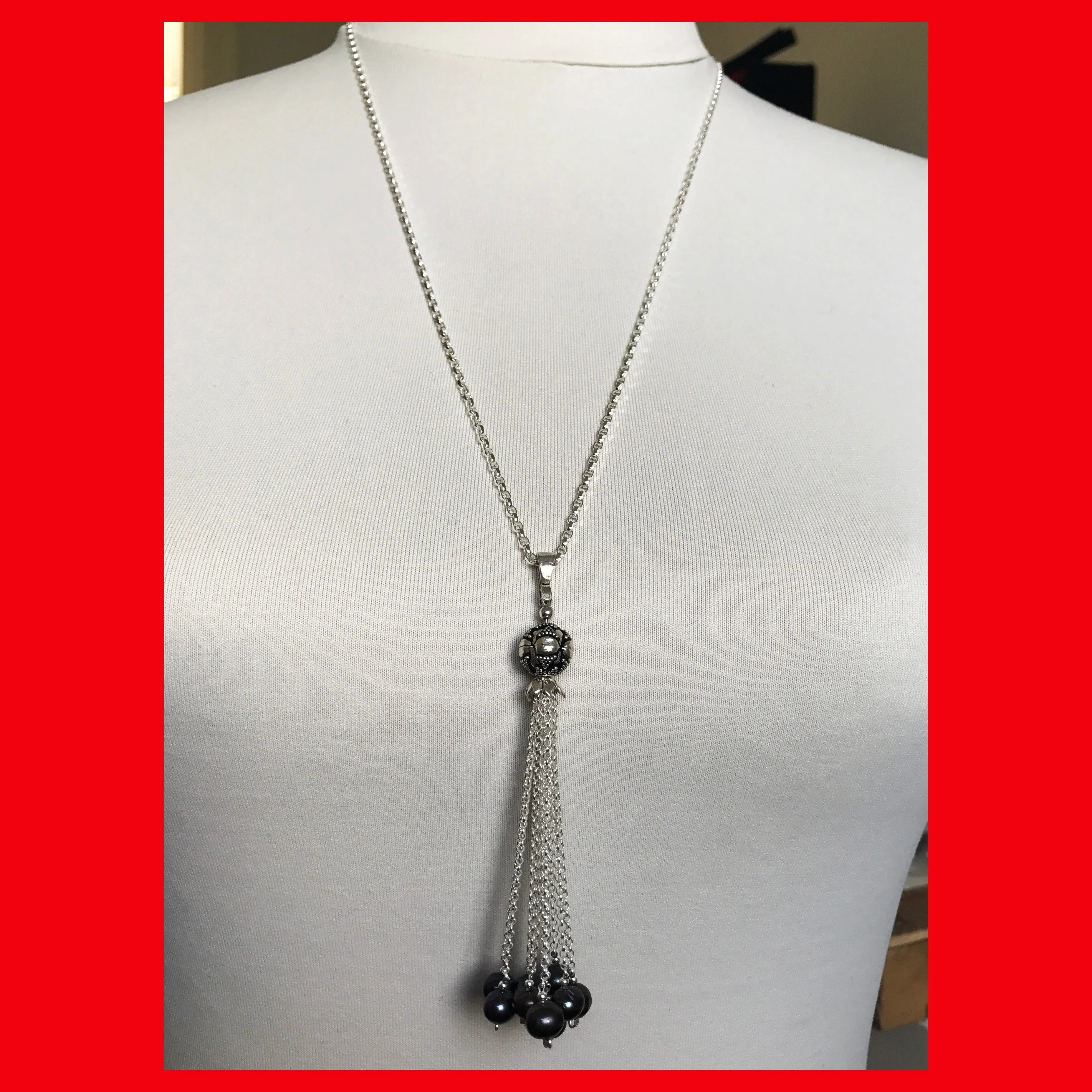 Long Necklace with Grey Pearls Tassel
