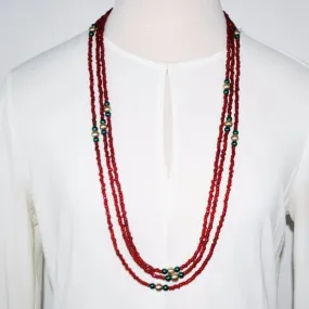 Long Three Strands Red With Green Ascent Necklace