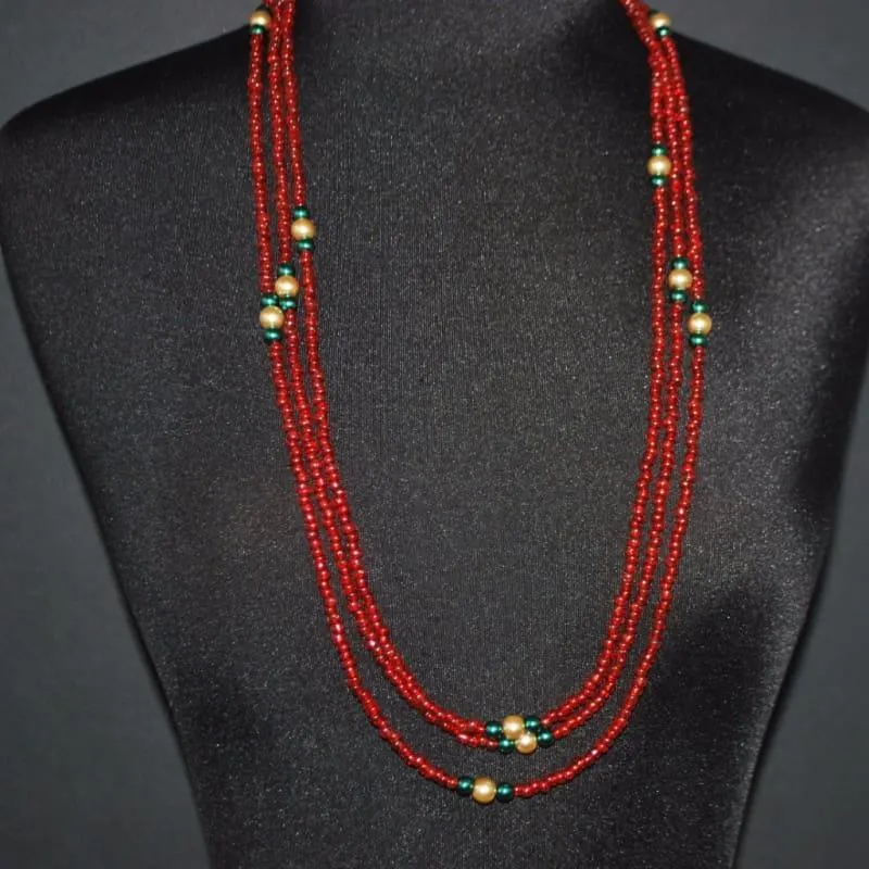 Long Three Strands Red With Green Ascent Necklace